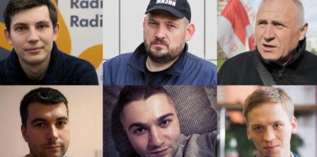 На фото: Ігор Лосик, Сергій Тихановський, Микола Статкевич, Володимир Циганович, Артем Саков, Дмитро Попов. Фото – Радіо Свобода