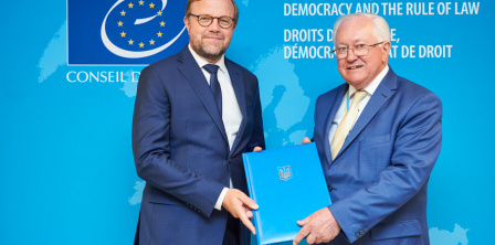 Photo: Ukrainian ambassador in Belgium Borys Tarasiuk handing the document of Istanbul Convention ratification over to the Council of Europe's Deputy Secretary General Bjørn Berge, photo credit: Bjørn Berge's Twitter