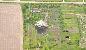 Russian shelling strike on
a TV tower in Bilopillya, Sumy oblast, May 6, 2024. Screenshot from a video uploaded by a Russian pro-war Telegram channel, taken by IMI.