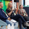 Oksana Romaniuk (center) speaking at the conference "DisOut: Pushing manipulation out of the information space" in Kyiv on October 25, 2024. Photo by Serhiy Khandusenko, Internews Ukraine